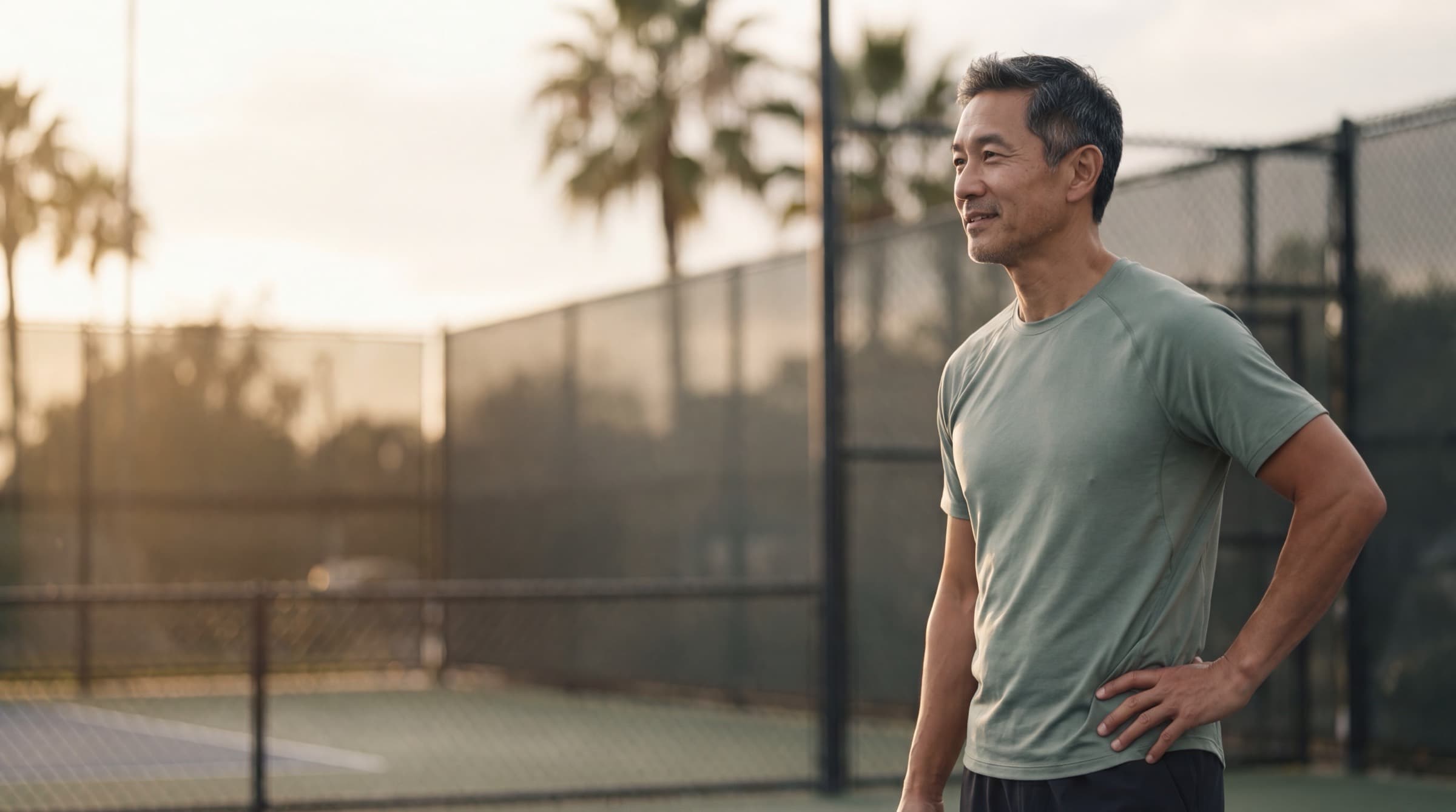 Active adult outdoors on a South Florida court in golden-hour light